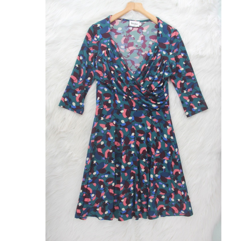 Leota Perfect Faux Wrap Dress Green Blue Pink Floral Print Women's L 3/4 Sleeve